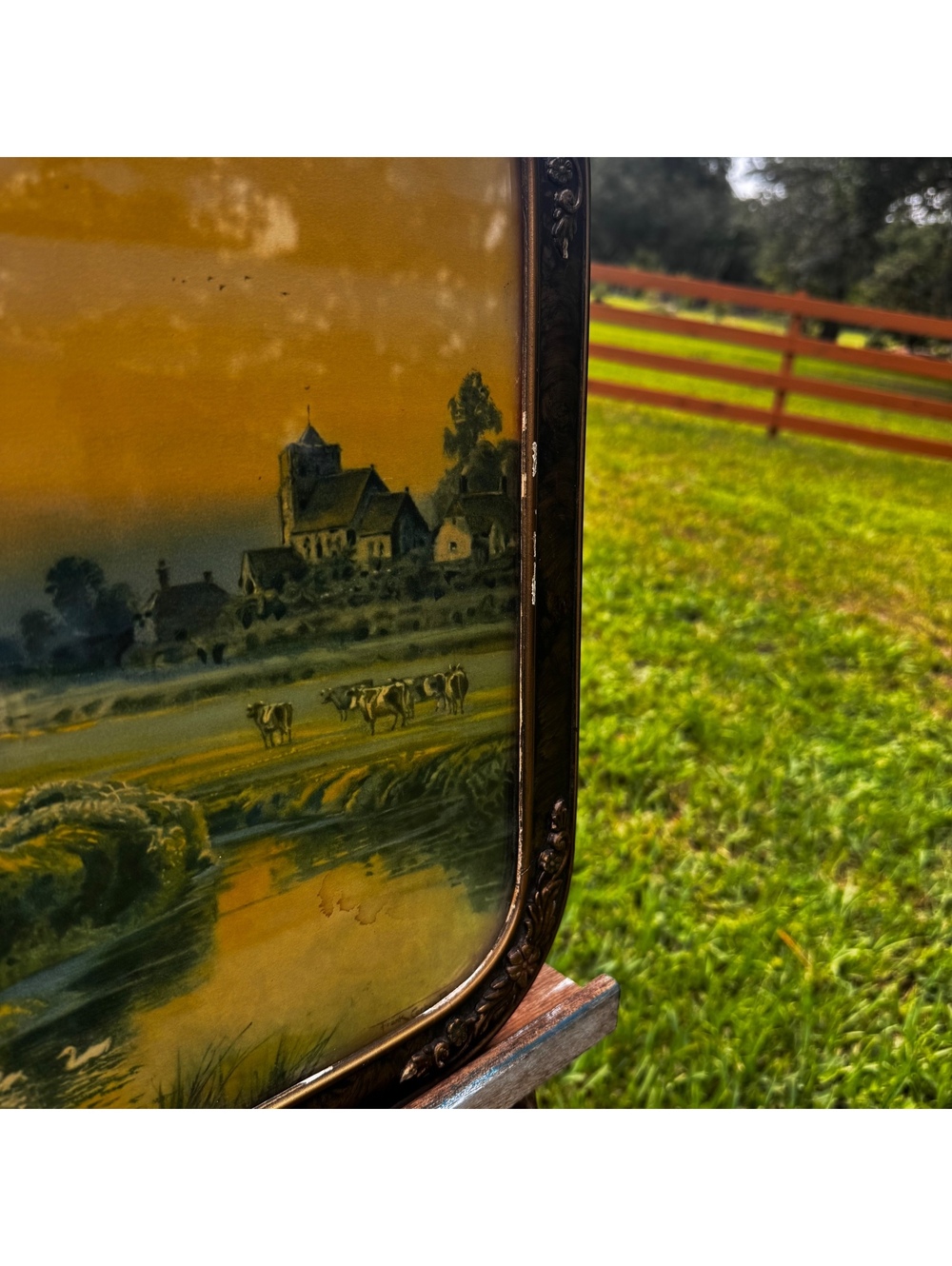 Antique pastoral cottage landscape serving tray 22x17 ornate floral border - Picture 6 of 10